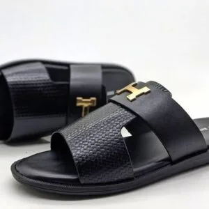 KMM Mens Classic Black 'H' Buckle Slide Sandals