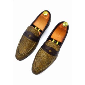 Versace Men’s Luxury Textured Loafers – Gold/Bronze Snakeskin