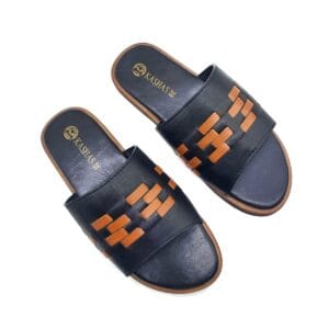 Kashas Men’s Black & Brown Woven-Strap Slide Sandals