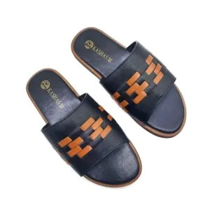 Kashas Men’s Black & Brown Woven-Strap Slide Sandals